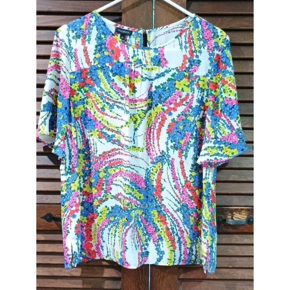 Talbots Size L Spring Summer Floral Blouse Top‎ Shirt Keyhole W Flower Button